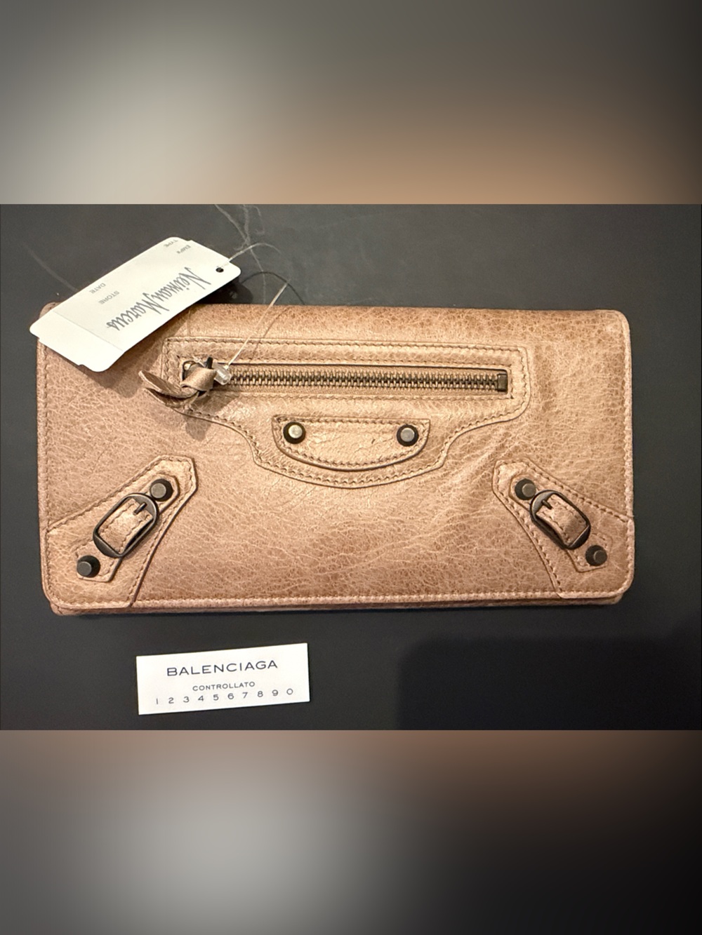 NWT Balenciaga Metallic Rose Gold Zip-Around Wallet